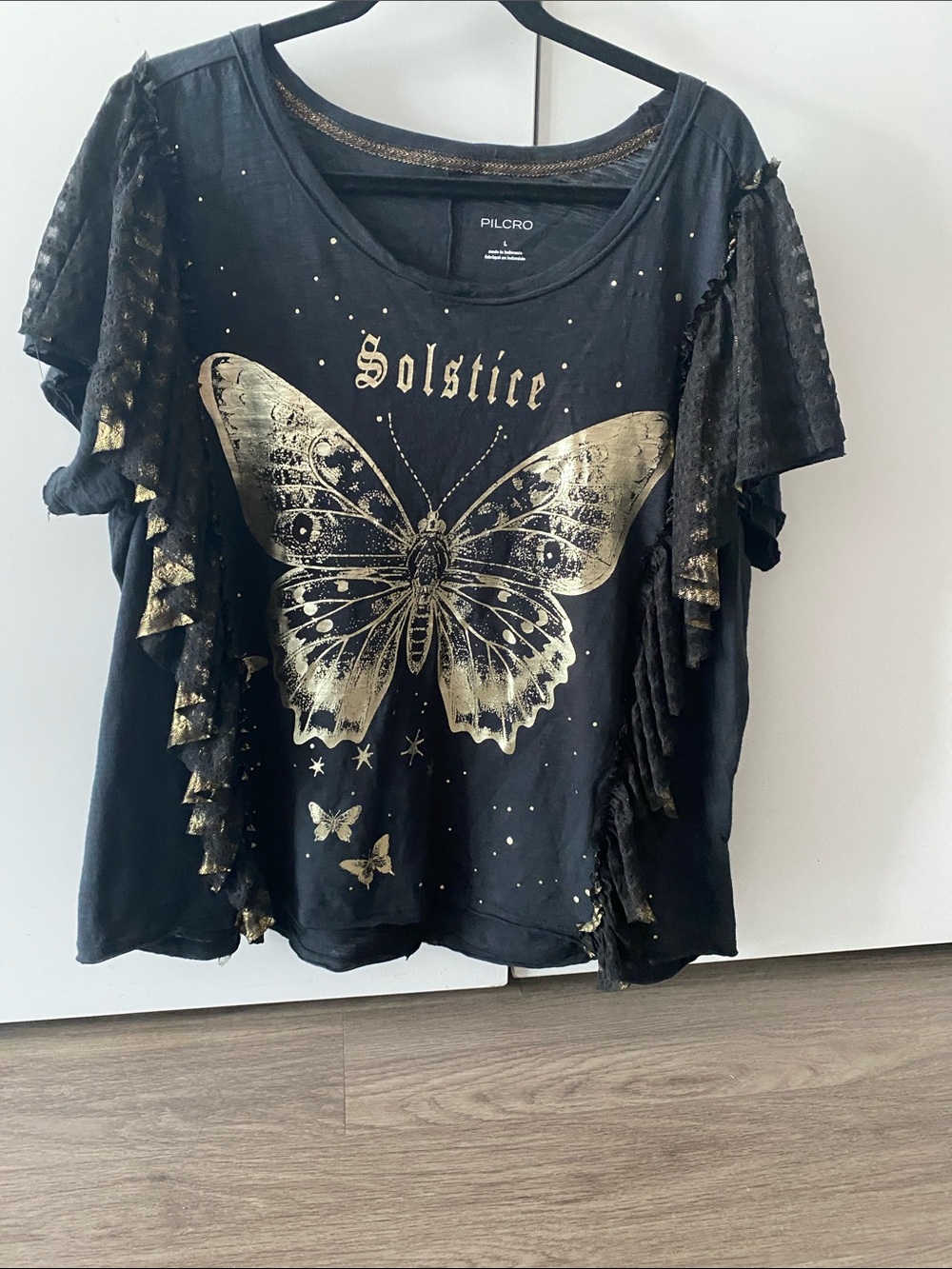Pilcro Black Short Sleeve Top with Metallic Gold Butterfly